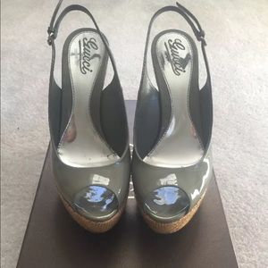 Gucci Sophia Green Patent Leather Straw Wedge Shoe